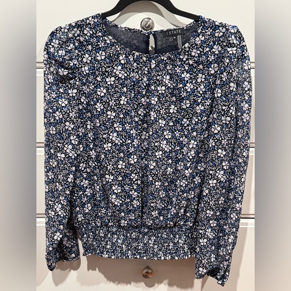 1.STATE Puff Sleeve Blue Floral Print Crew Neck Blouse Medium - Picture 3 of 6